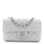 Metallic Lambskin Quilted Mini Rectangular Flap Silver