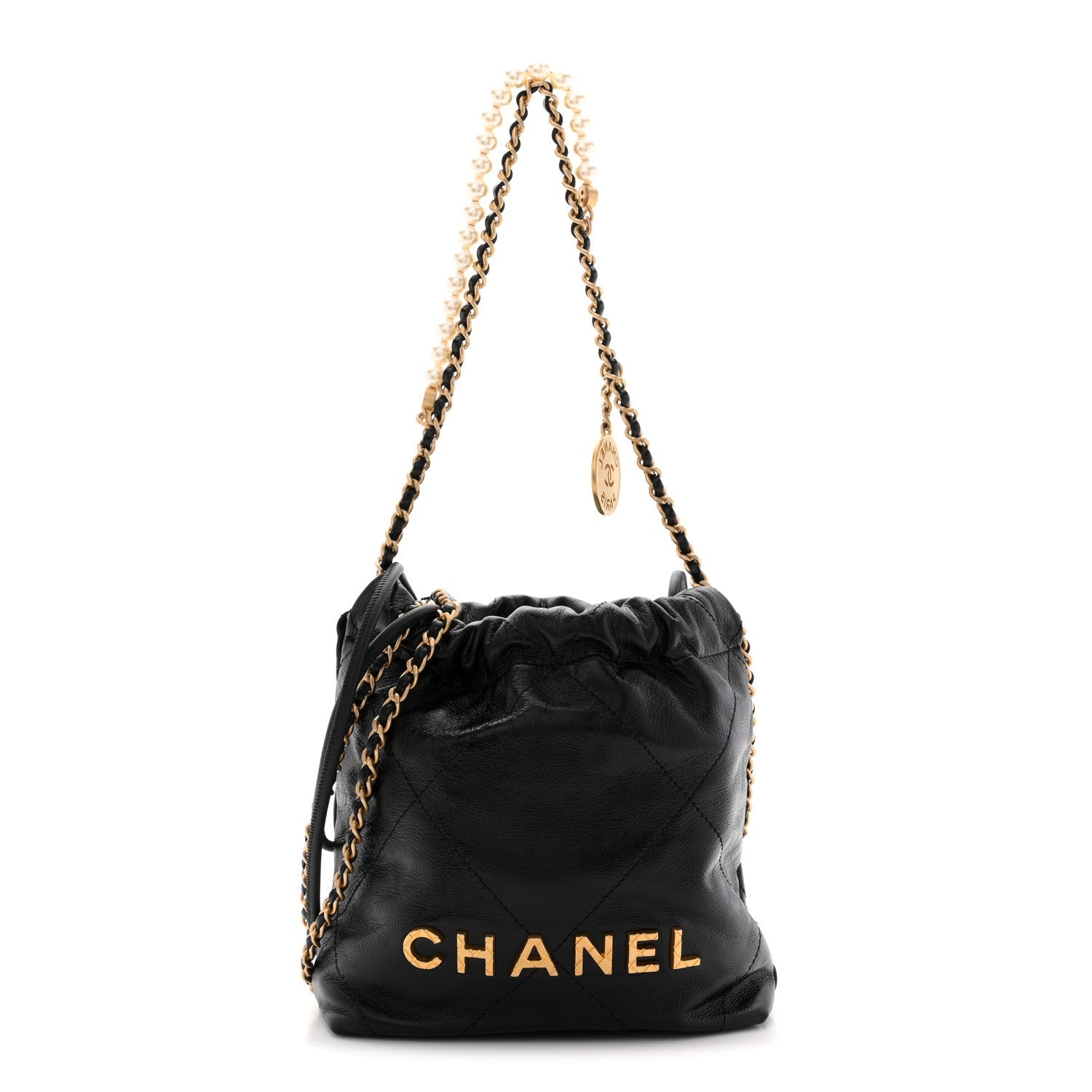 Shiny Crumpled Calfskin Quilted Pearl Mini Chanel 22 Black
