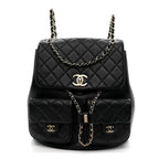 Calfskin Quilted Large Duma Pockets Drawstring Backpack Black