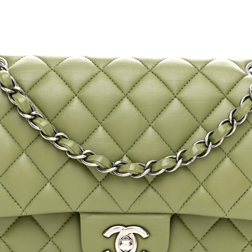 Lambskin Quilted Medium Double Flap Green