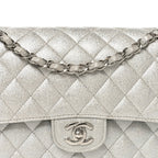 Glittered Metallic Caviar Quilted Medium Double Flap Silver
