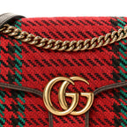 Wool Tweed Textured Dollar Calfskin Matelasse Diagonal Plaid Small GG Marmont Shoulder Bag Red Green Multicolor New Acero