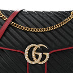 Vintage Effect Calfskin Matelasse Diagonal Large Torchon GG Marmont Shoulder Bag Black Romantic Cherry