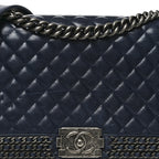 Glazed Calfskin Quilted New Medium Boy Chained Flap Navy
