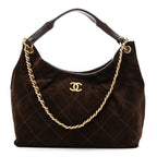 Suede Calfskin Lambskin Quilted Maxi Hobo Dark Brown