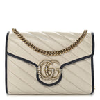 Vintage Effect Calfskin Matelasse Diagonal Torchon GG Marmont Chain Wallet Mystic White Blue Agata