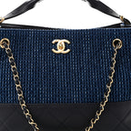 Tweed Shiny Lambskin Quilted Coco Base Small Shopping Bag Dark Blue