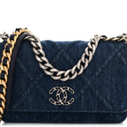 Denim Quilted Chanel 19 Wallet On Chain WOC Blue