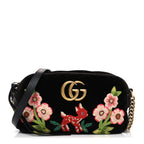 Velvet Matelasse Deer Embroidered Small GG Marmont Chain Shoulder Bag Black