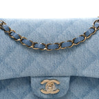 Printed Denim Quilted Small Double Flap Light Blue