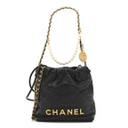 Shiny Crumpled Calfskin Quilted Pearl Mini Chanel 22 Black