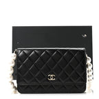 Calfskin Quilted Maxi Pearl Wallet On Chain WOC Black