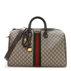GG Supreme Monogram Textured Dollar Calfskin Web Medium Savoy Duffle Bag Beige Dark Brown
