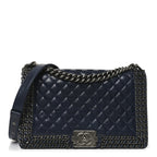 Glazed Calfskin Quilted New Medium Boy Chained Flap Navy