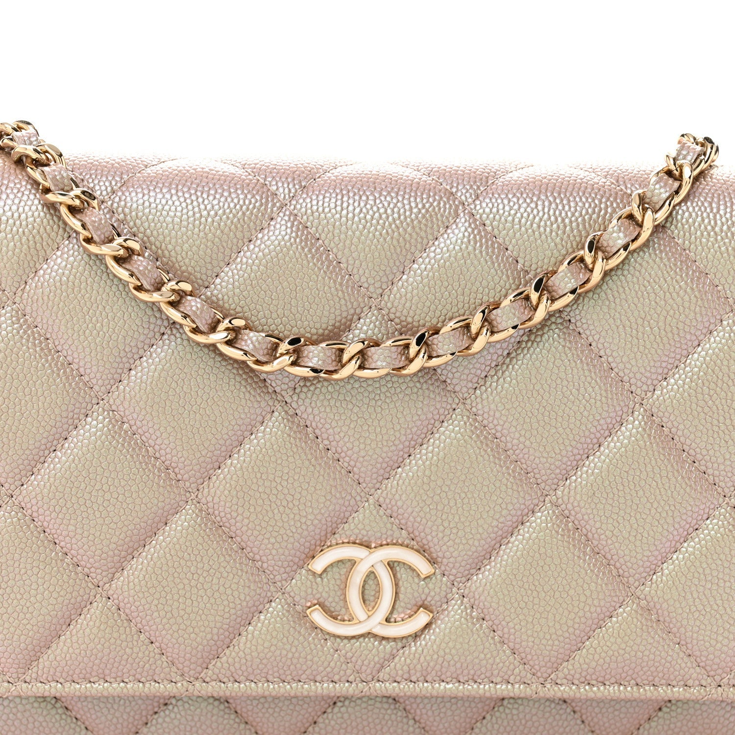 Iridescent Caviar Quilted Wallet on Chain WOC Beige