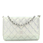 Iridescent Calfskin Quilted Wallet On Chain WOC Light Blue