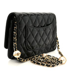 Shiny Lambskin Quilted CC Pearl Wallet on Chain WOC Black