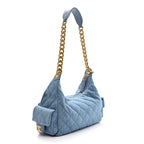 Washed Denim Quilted Large Trendy Pockets Hobo Blue