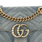 Denim Matelasse Mini Pearly GG Marmont Shoulder Bag Blue