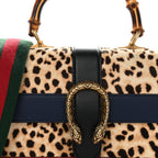 Calf Hair Calfskin Bamboo Web Leopard Print Medium Dionysus Top Handle Bag Natural Blue Agata Hibiscus Red