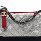 Metallic Aged Calfskin Quilted Medium Gabrielle Hobo Silver Navy Red