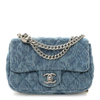 Denim Quilted Camellia Sweetheart Mini Rectangular Flap Blue