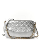 Metallic Lambskin Calfskin Quilted Small Gabrielle Clutch With Chain Silver