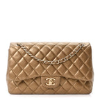 Metallic Lambskin Quilted Jumbo Double Flap Khaki