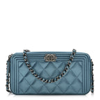Metallic Caviar Quilted Small Boy Clutch With Chain Turquoise