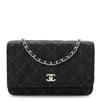 Denim Quilted CC Turnlock Wallet On Chain WOC Dark Blue Orange