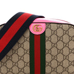 GG Supreme Monogram Textured Dollar Calfskin Web Ophidia Small Crossbody Bag Beige Ebony Fuchsia