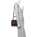 Moon Calfskin Bamboo Web Medium Dionysus Top Handle Bag Blue Emerald Hibiscus Red