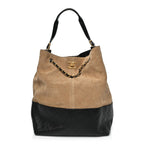 Suede Shiny Lambskin Quilted Large Shopping Bag Beige Black