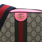 GG Supreme Monogram Textured Dollar Calfskin Web Ophidia Small Crossbody Bag Beige Ebony Fuchsia