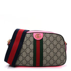 GG Supreme Monogram Textured Dollar Calfskin Web Ophidia Small Crossbody Bag Beige Ebony Fuchsia