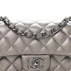 Metallic Lambskin Quilted Mini Rectangular Flap Silver