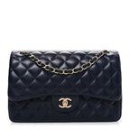 Lambskin Quilted Jumbo Double Flap Navy