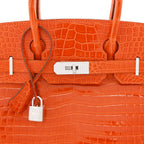 Shiny Porosus Crocodile 18K White Gold Diamond Birkin 30 Orange