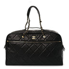 Shiny Grained Calfskin Quilted Large Travel Bowling Bag Black