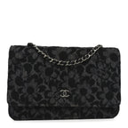 Printed Denim Quilted Flower Wallet On Chain WOC Black