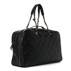 Shiny Grained Calfskin Quilted Large Travel Bowling Bag Black
