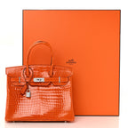 Shiny Porosus Crocodile 18K White Gold Diamond Birkin 30 Orange