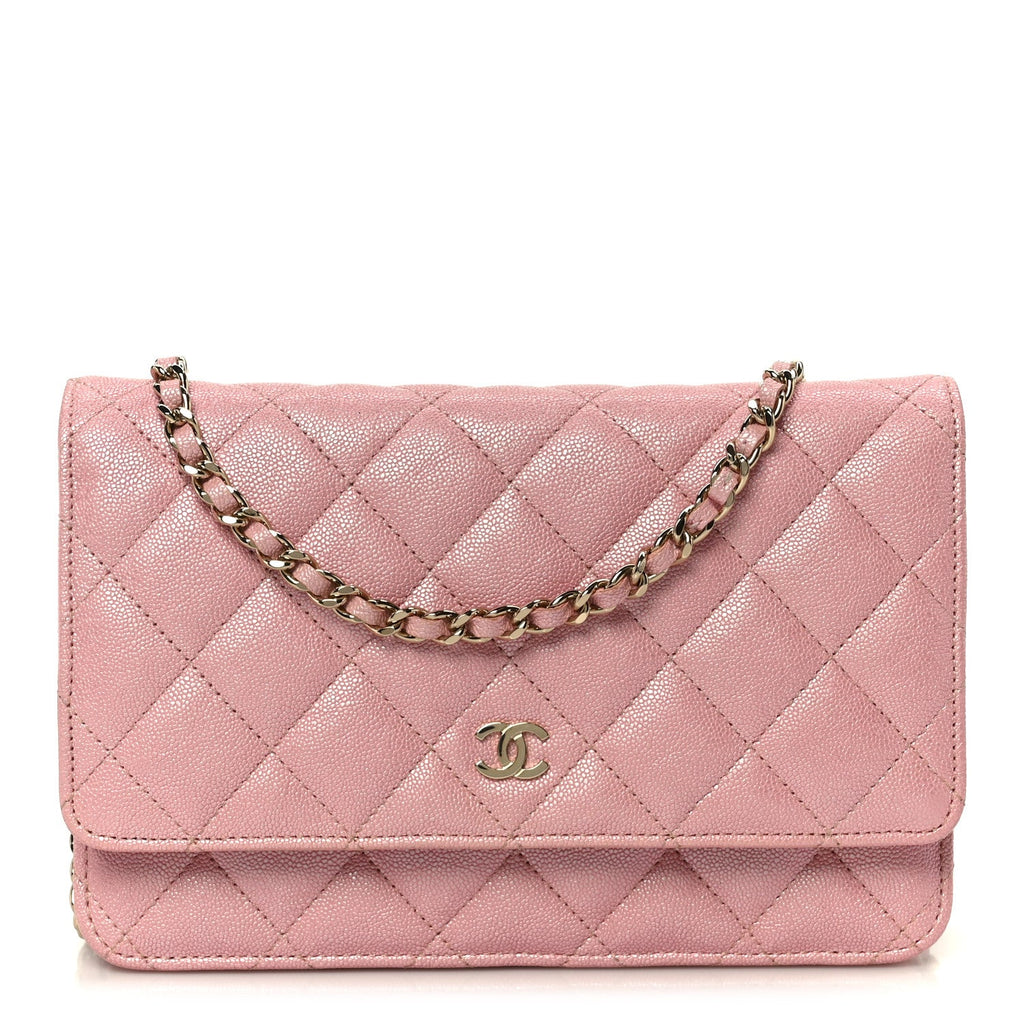 Iridescent Caviar Quilted Wallet on Chain WOC Rose Pink