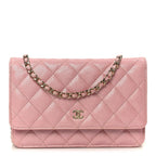 Iridescent Caviar Quilted Wallet on Chain WOC Rose Pink