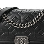 Calfskin Crystal Embossed Medium Boy Flap Black