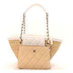 Raffia Braided Lambskin Small Shopping Tote Beige White