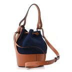 Canvas Calfskin Balloon Bucket Bag Navy Tan