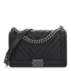 Caviar Chevron Quilted New Medium Boy Flap Dark Navy Blue