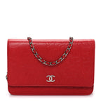 Lambskin Camellia Embossed Wallet on Chain WOC Red