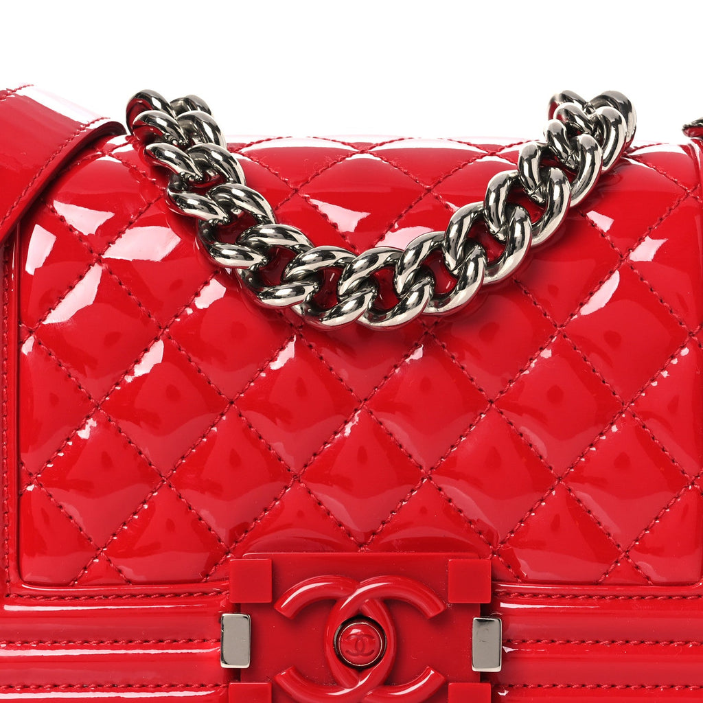 Patent Calfskin Quilted Small Plexiglass Boy Flap Red